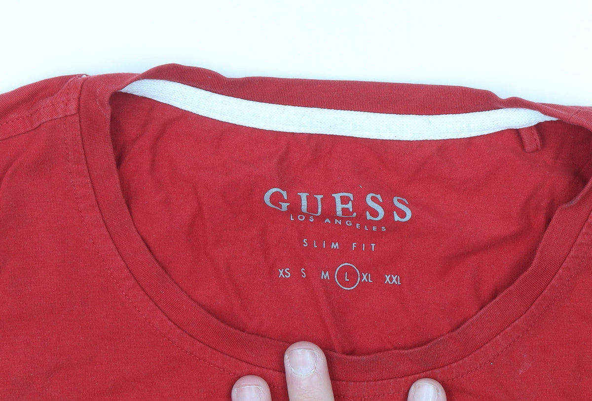 Brand and care label for Guess Men's Red Logo Slim Fit Crew Neck T-Shirt, size L