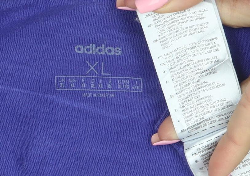 Brand and care label for adidas Men's Purple XL Cotton Crew Neck Graphic Sports T-Shirt