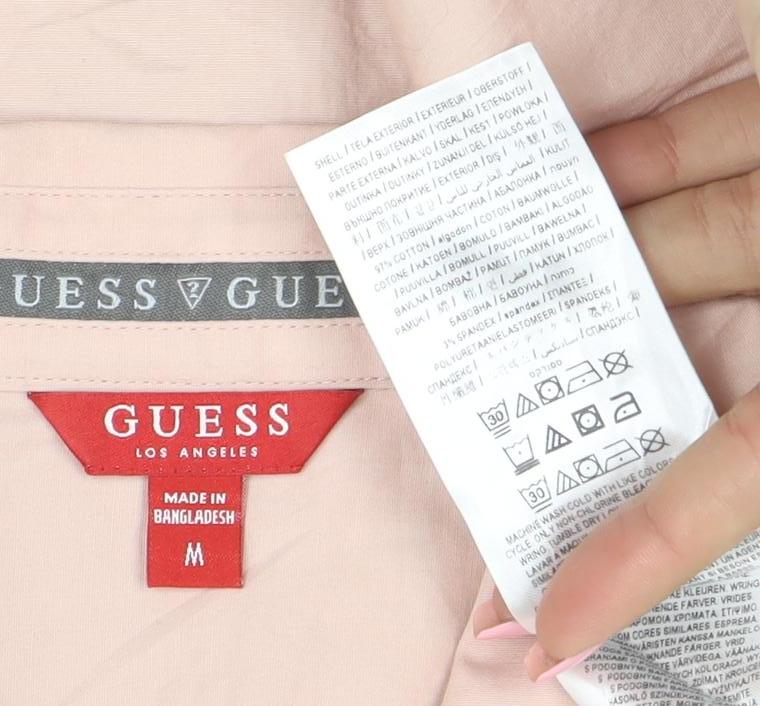 Brand and care label for Guess Men Pink Short Sleeve Regular Fit Button-Up Shirt, size M
