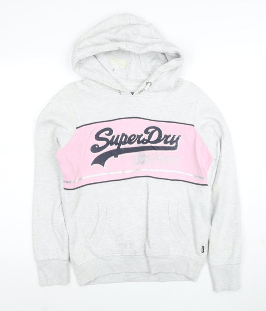 Superdry Womens Grey Pink Pullover Hoodie Size 10 Cotton Blend