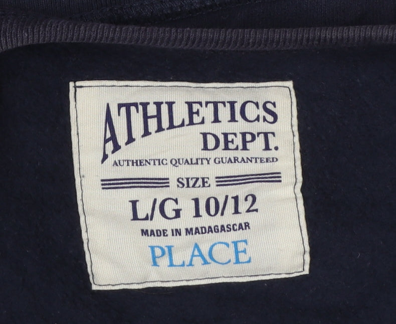 Brand and care label for The Children's Place boys’ navy football sweatshirt l 10-12 crew neck pullover