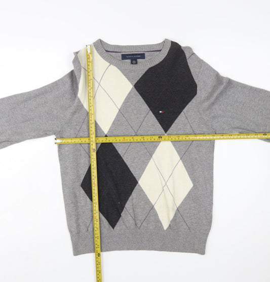Tommy Hilfiger Men's Grey Argyle Cotton Crew Neck Jumper XS