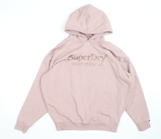 Superdry Womens Pink Hooded Pullover Sweatshirt UK 8 Rhinestone Logo