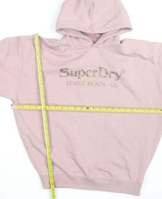 Superdry Womens Pink Hooded Pullover Sweatshirt UK 8 Rhinestone Logo