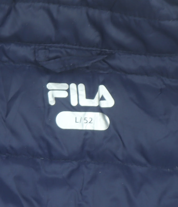 Brand and care label for Fila Men's Blue Puffer Jacket L/42in Quilted Lightweight Zip Coat