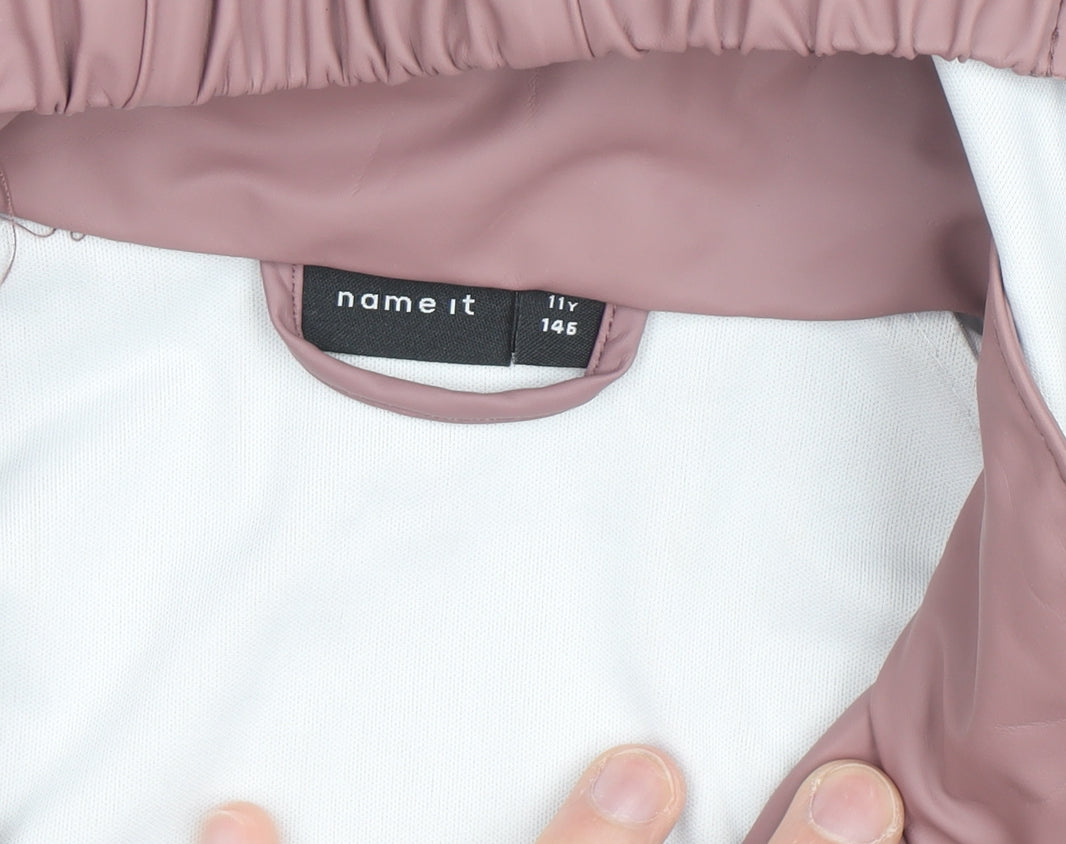Brand and care label for NAME IT girls’ pink hooded waterproof rain coat jacket 146cm