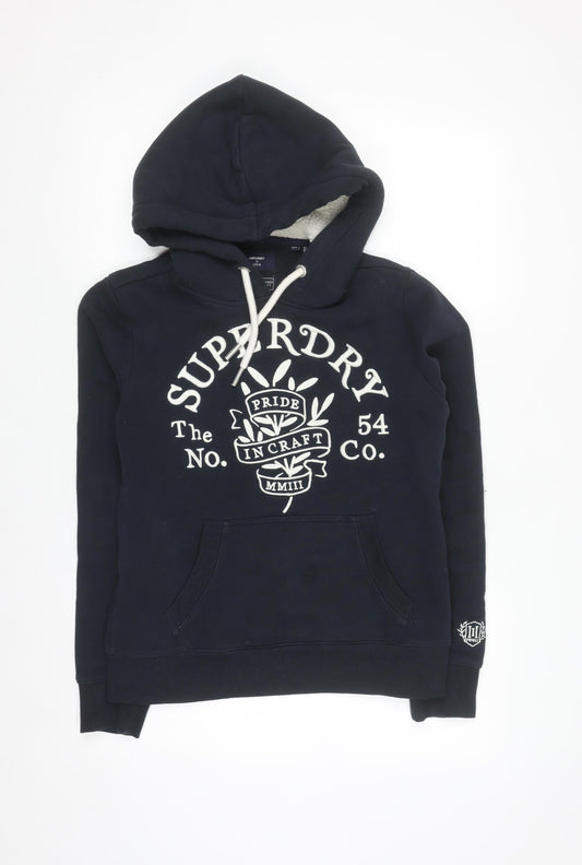 Superdry Womens Navy Blue Pullover Hoodie UK 10 Lined Cotton Blend