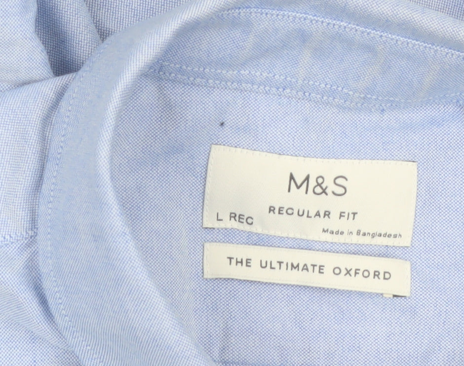 Marks and Spencer Men's Blue Regular Fit Oxford Button-Up Shirt L