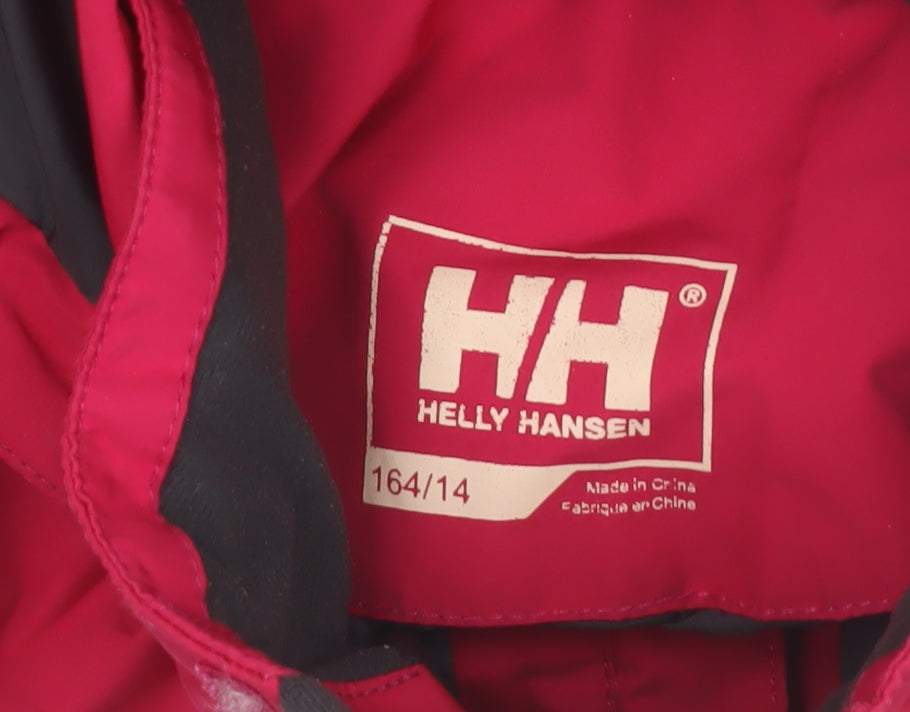 Additional view of Helly Hansen girls’ red waterproof hooded rain coat jacket, size 14, years