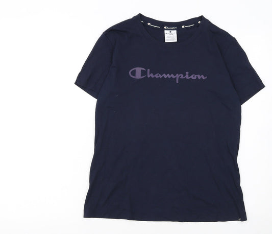 Champion Women Navy Blue Logo T-Shirt L Short Sleeve Cotton