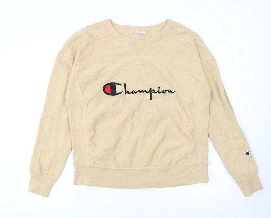 Champion Womens Beige Reverse Weave Sweatshirt Large Logo Crew Neck