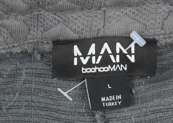 Brand and care label for boohooMAN Men's Grey Textured Knit Trousers, size L, Casual Straight Fit