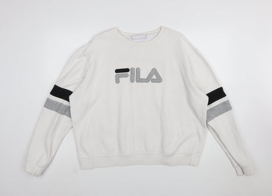 FILA Women’s White XXL Crew Neck Sweatshirt with Logo and Striped Sleeves