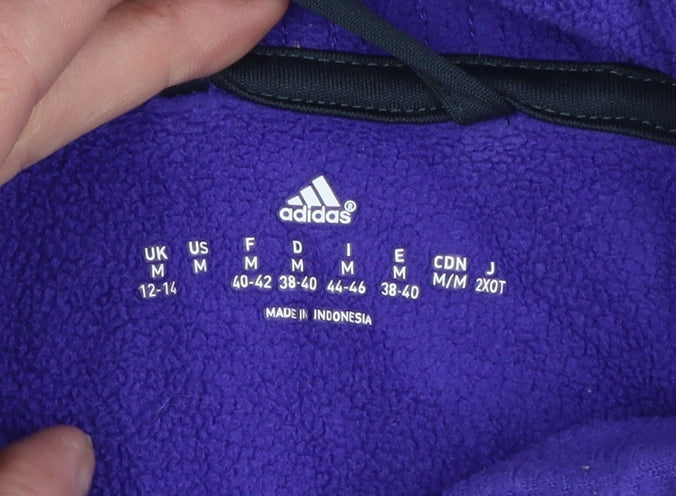 Brand and care label for Adidas women’s purple fleece hooded full zip jacket, size M, 12-14