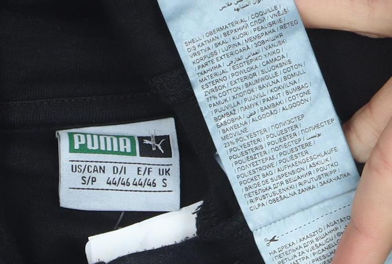 Brand and care label for Puma Women Black Small Hooded Pullover Sweatshirt with Logo