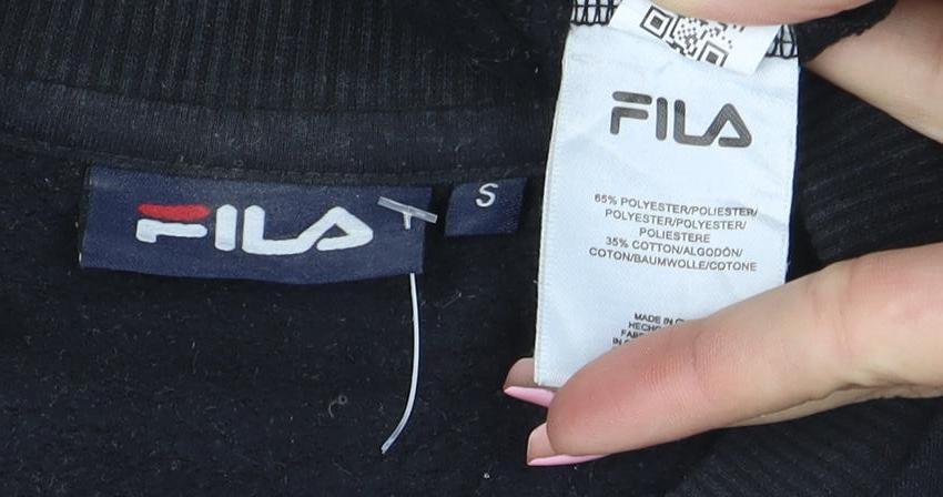 Brand and care label for Fila women’s black small logo print crew neck pullover sweatshirt