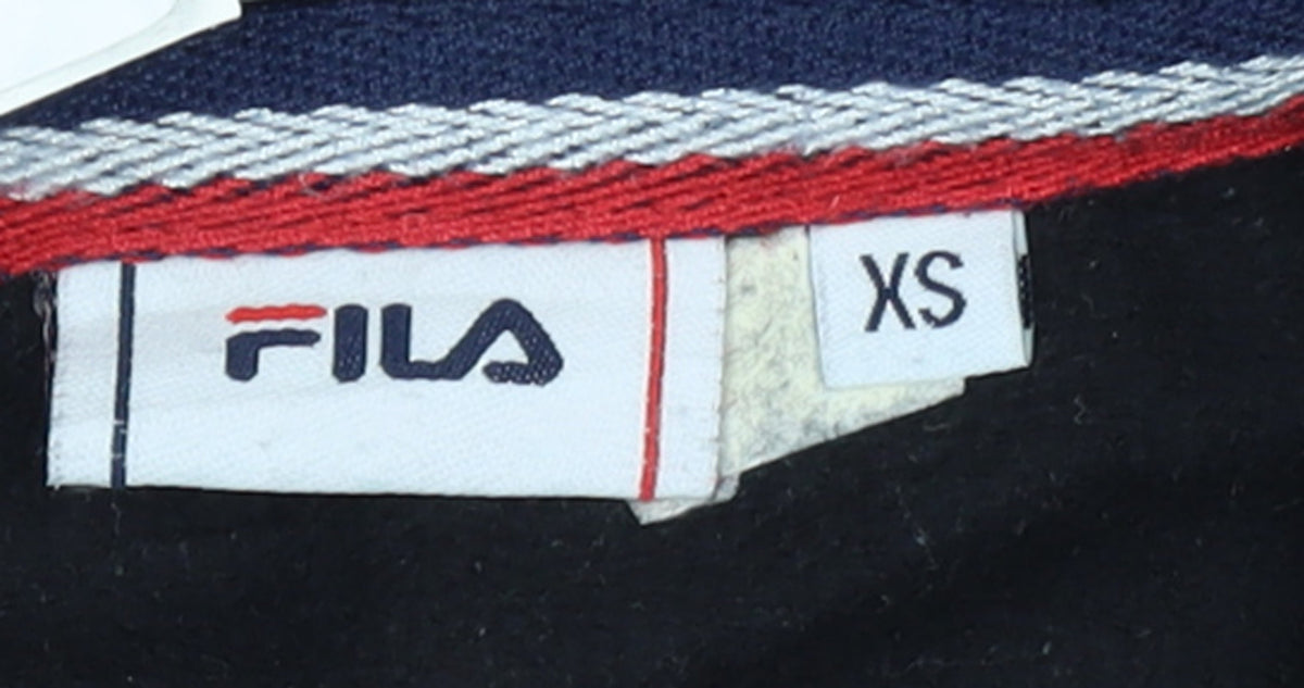 Brand and care label for Fila women’s black xs pullover hoodie with logo print