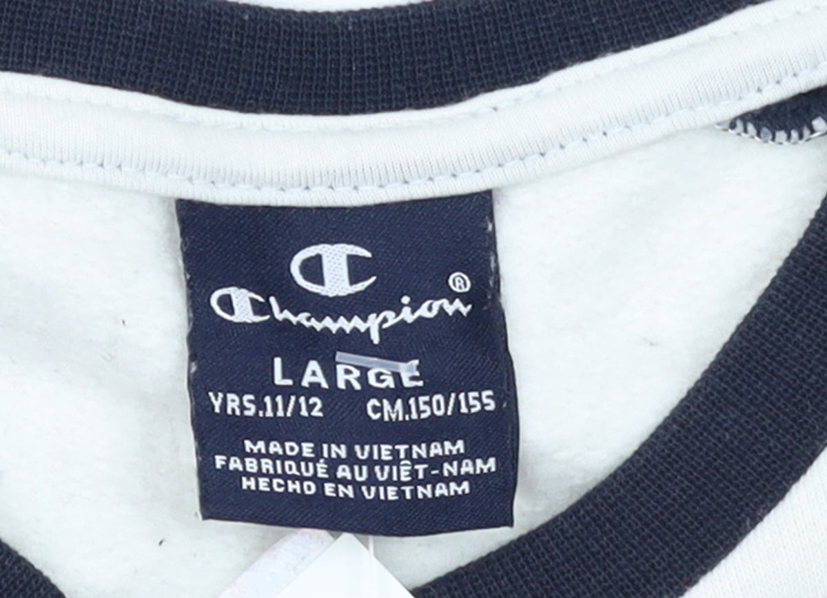 Brand and care label for Champion boys’ multicoloured pullover sweatshirt, size 11-12, years