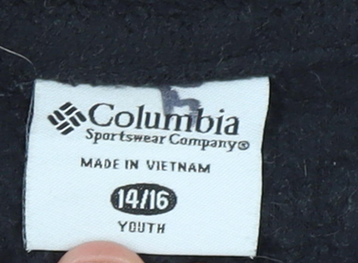 Brand and care label for Columbia boys’ black fleece full zip jacket, size 14-16, years outdoor wear