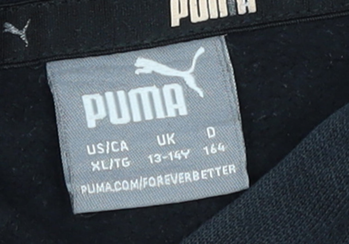 Brand and care label for Puma boys’ black pullover hoodie 13-14 years logo graphic fleece sweatshirt