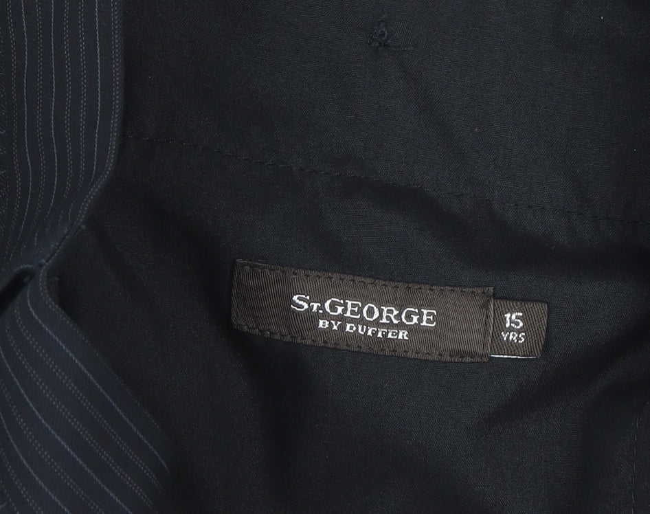 Brand and care label for St. George by Duffer boys’ black pinstripe dress trousers 15 years formal school
