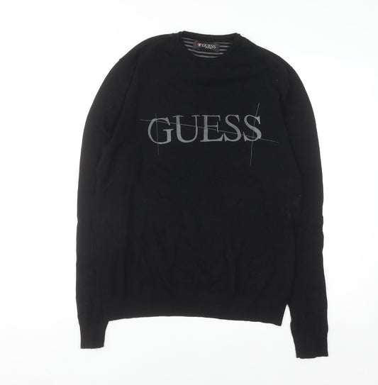 Guess Men's Black Crew Neck Logo Pullover Jumper Size M
