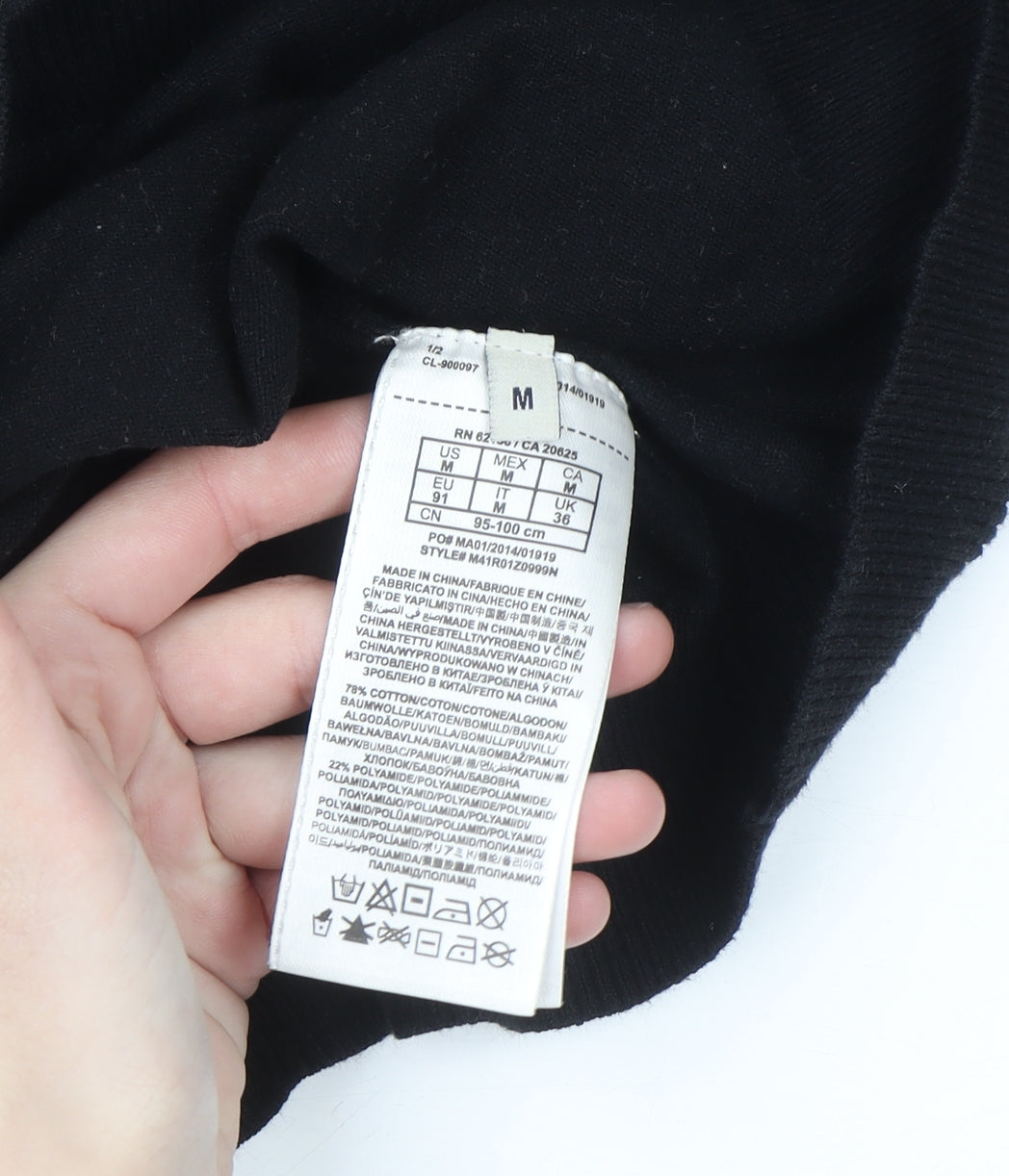 Brand and care label for Guess Men's Black Crew Neck Logo jumper, size M
