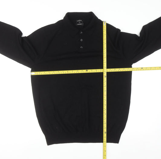 Jaeger Men's Black L Collared Henley Pure Merino Wool Jumper