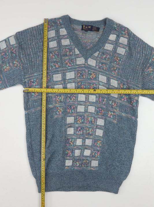 Leroy Knit Mens Blue Geometric V-Neck Wool Blend Jumper Size S