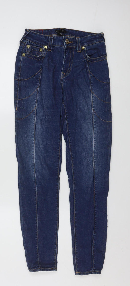 Additional front view of True Religion Women’s Blue Mid Rise Skinny Jeans, size UK 27 Slim, Fit Denim
