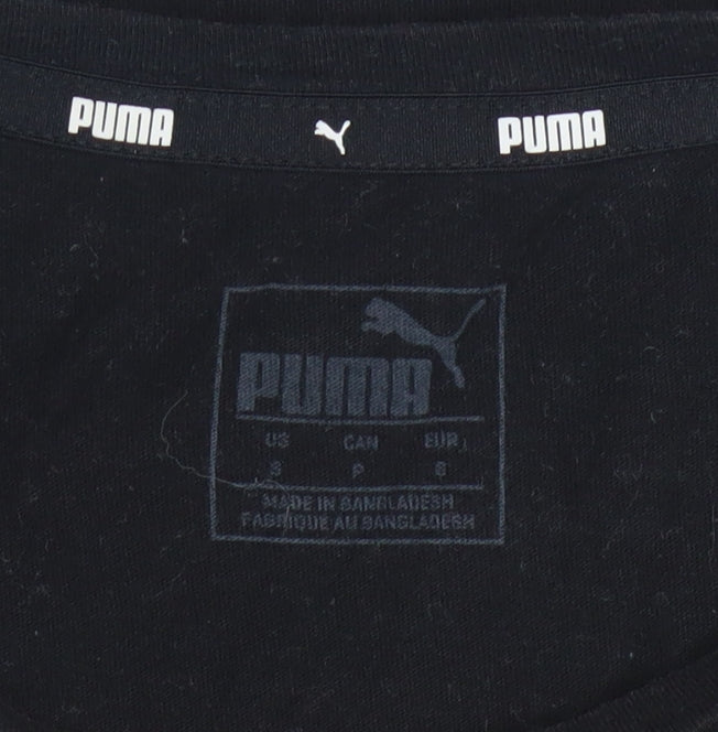 Brand and care label for Puma women’s black gold logo t-shirt small short sleeve cotton