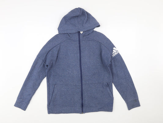 Adidas Boys Blue Full Zip Hoodie Size 13-14 Years Cotton Blend Sportswear