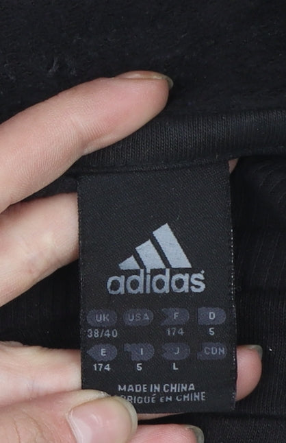 Brand and care label for Adidas Men’s Black Liverpool FC Logo Pullover Hoodie, size L