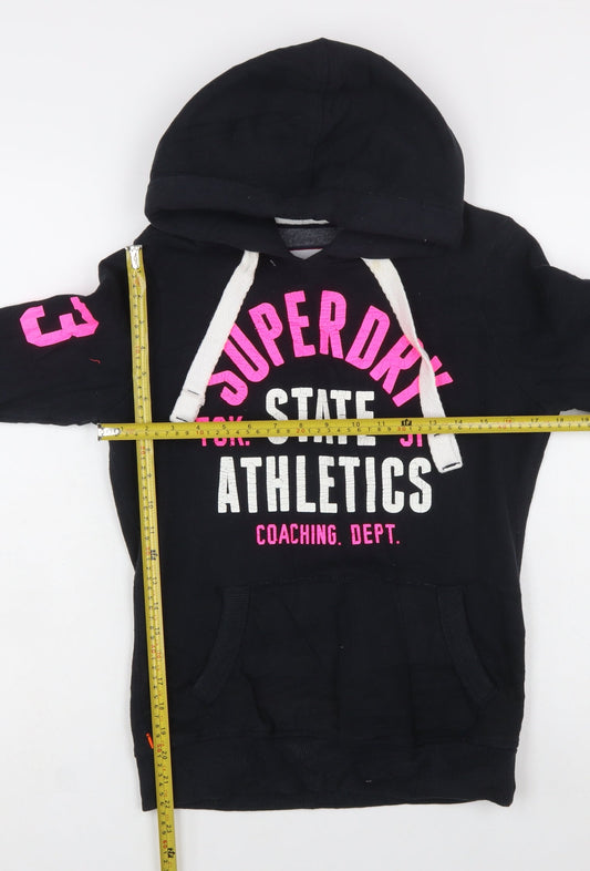 Superdry Women Black Hoodie Small Pullover Athletic Print