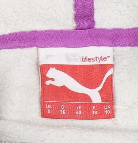 Brand and care label for Puma Women's Grey Hoodie, size 10, Pullover with Logo and Pockets