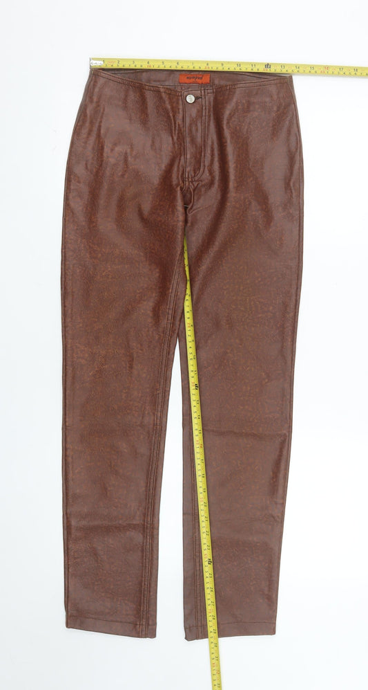 Wampum Womens Brown Faux Leather High Rise Straight Trousers Size 12