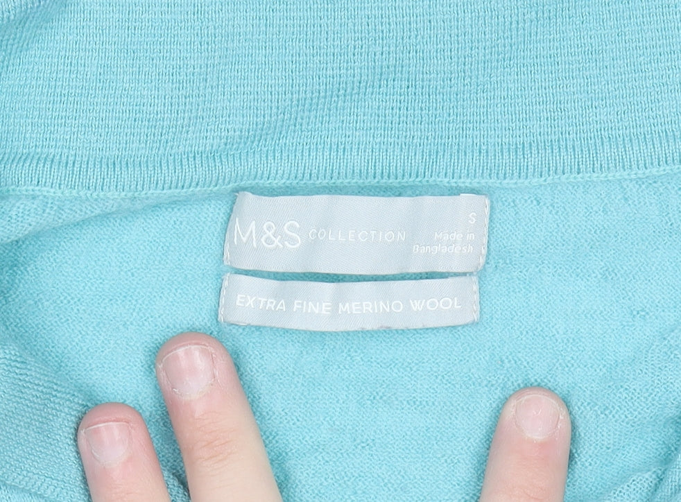 Marks and Spencer Women's Blue Merino Wool Collared Henley Jumper Size S