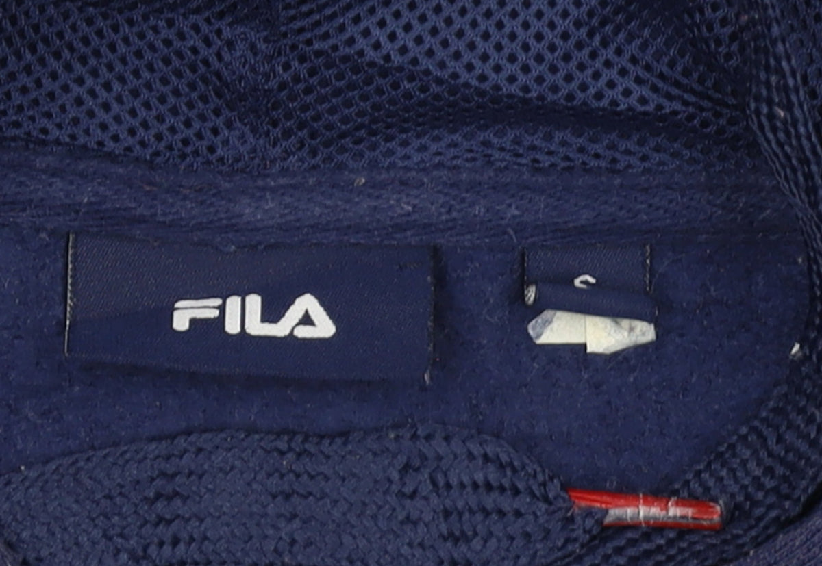 Brand and care label for Fila Men's Blue Pullover Hoodie, size S, Graphic Sports Fleece