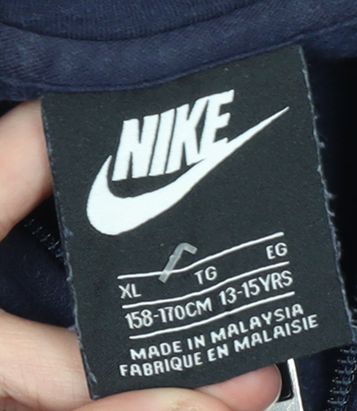 Brand and care label for Nike boys’ navy blue full zip hoodie xl 13-15 years fleece sweatshirt