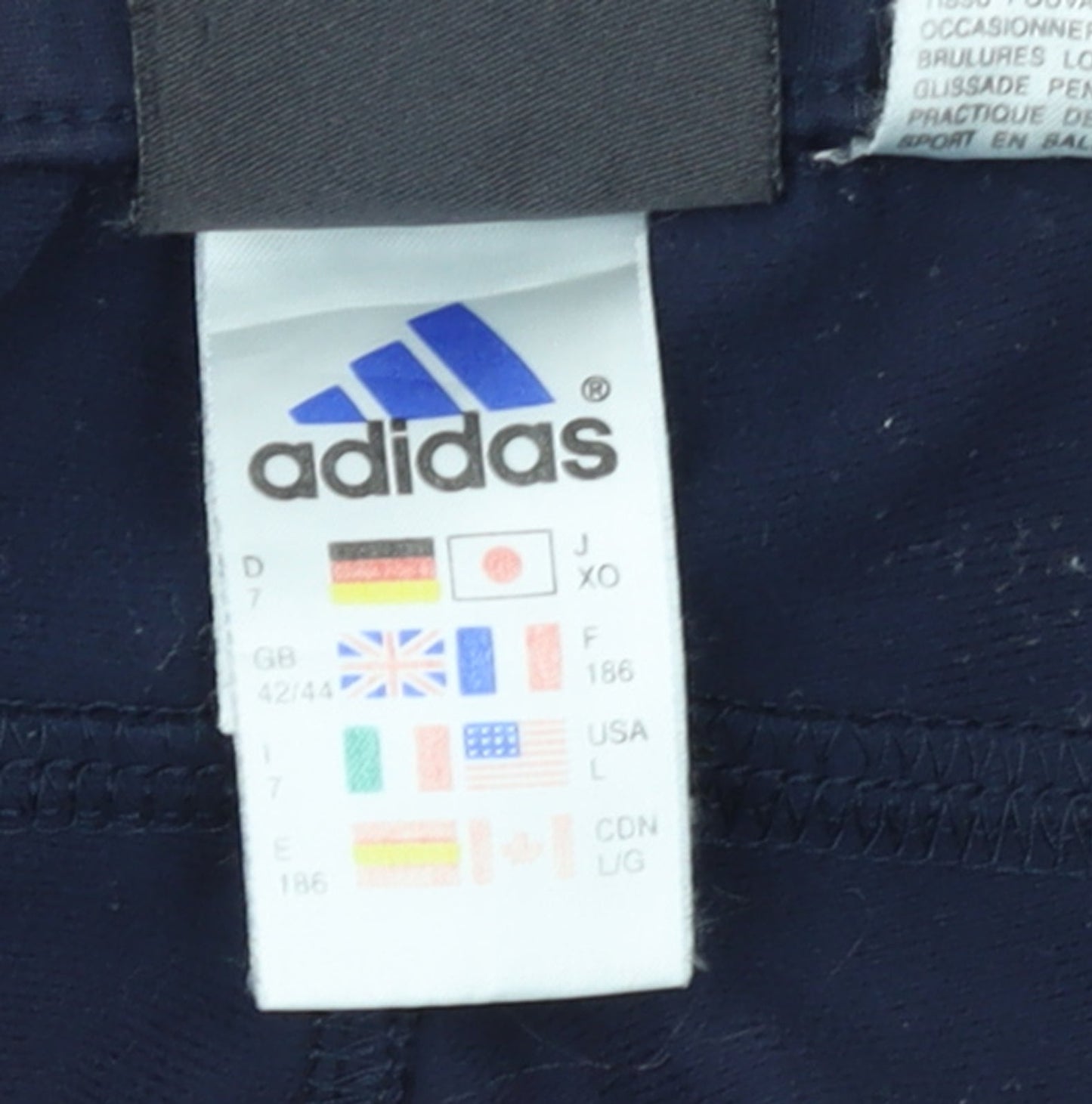 Brand and care label for Adidas Men's Blue Track Pants L Elastic Waist Sports Trousers