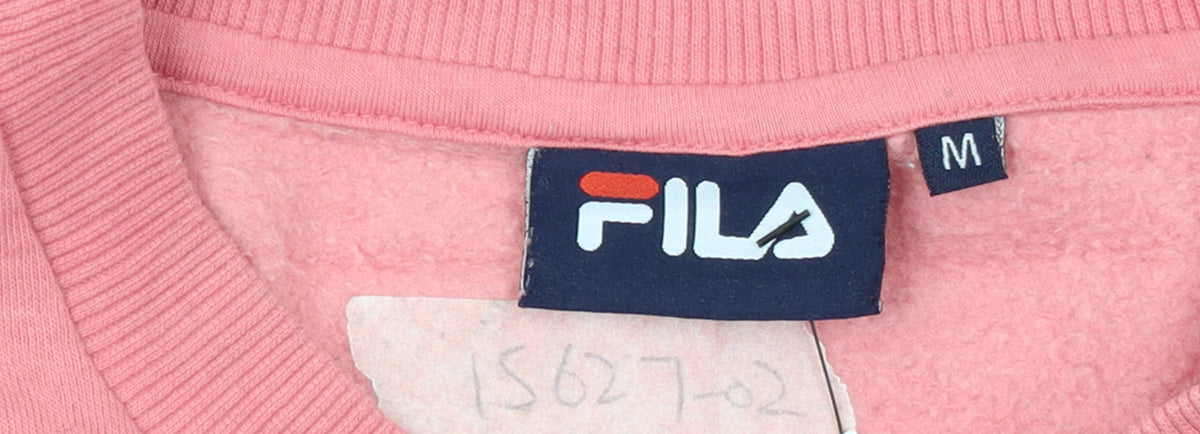Brand and care label for Fila women’s pink logo crew neck pullover sweatshirt m