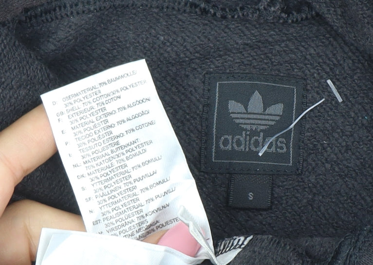 Brand and care label for Adidas Men's Black Pullover Hoodie, size S, Logo Fleece Sweatshirt