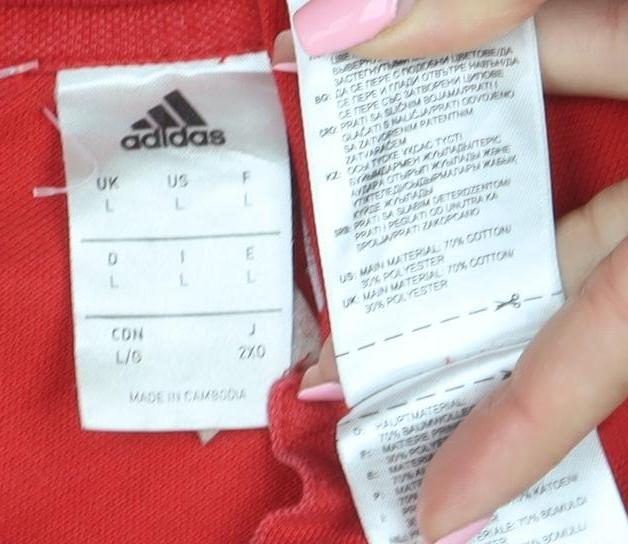 Brand and care label for Adidas men’s red here to help polo shirt, size L, cotton blend