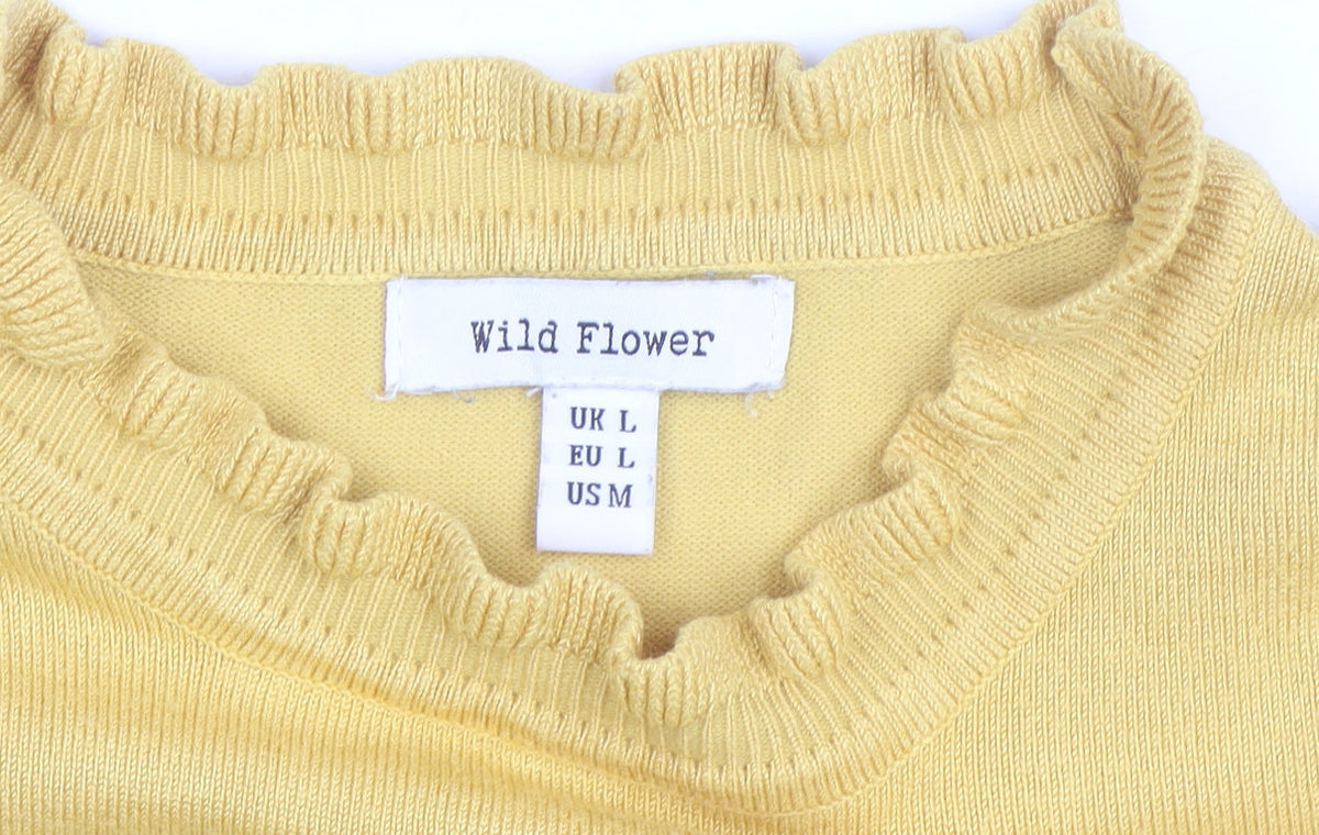 Additional view of Wild Flower Women Yellow Lace Sleeve Ruffle High Neck Jumper, size L
