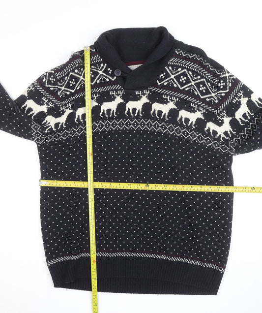 Next Men's Blue Fair Isle Reindeer Shawl Collar Jumper Size M
