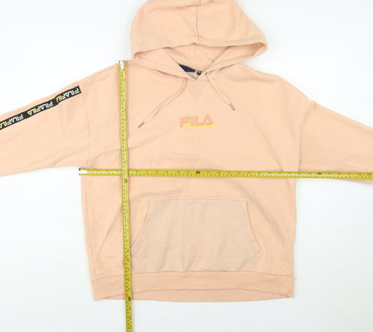 Fila Womens Beige Pullover Hoodie Medium Logo Sleeve Tape Sweatshirt