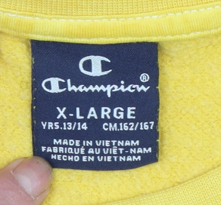 Brand and care label for Champion boys’ yellow logo pullover sweatshirt 13-14 years x-large