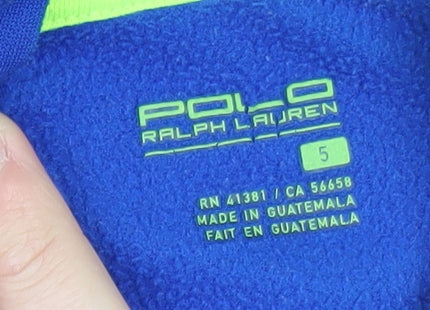 Brand and care label for Polo Ralph Lauren boys’ blue hoodie, size 5, pullover fleece logo design