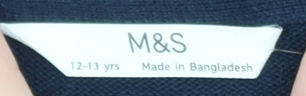Marks and Spencer Boys Navy V-Neck Cotton Jumper 12-13 Years Classic Fit