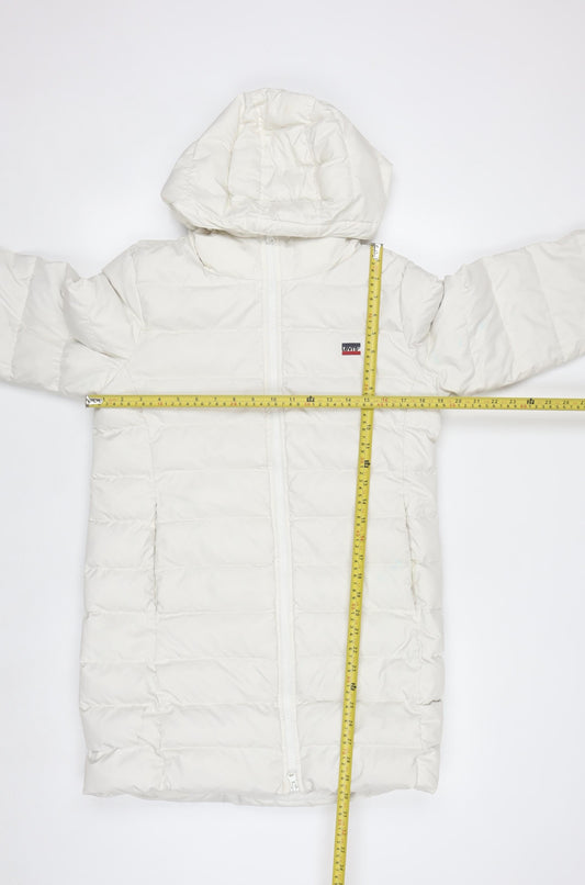 Levi's Women's White Long Puffer Down Coat Size S Hooded Winter Jacket